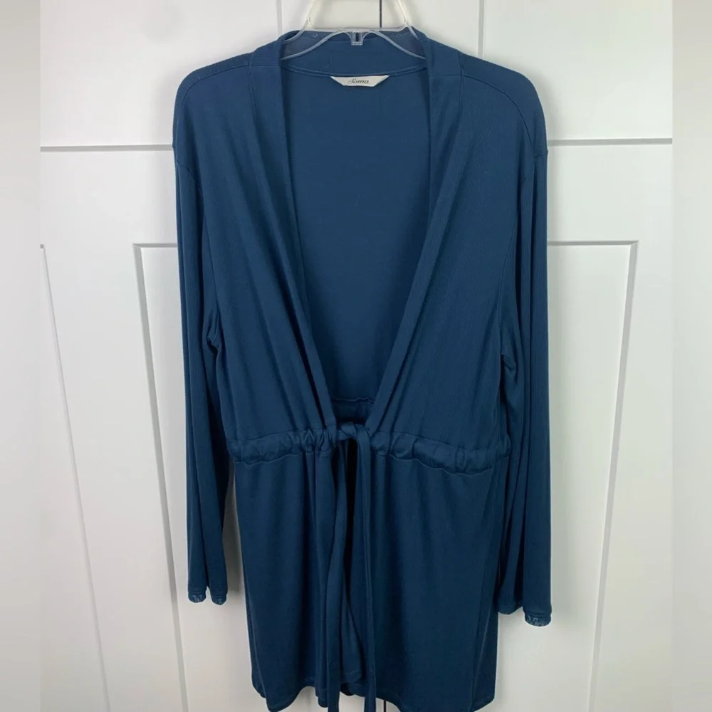 Soma MEDIUM Blue Tie Front Robe Cardigan Ribbed Sleep Lounge